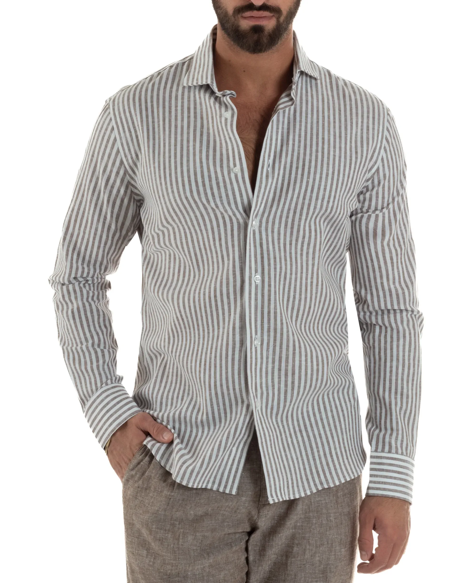 Camicia uomo collo francese sartoriale lino rigata stretta marrone GIOSAL-C3086A