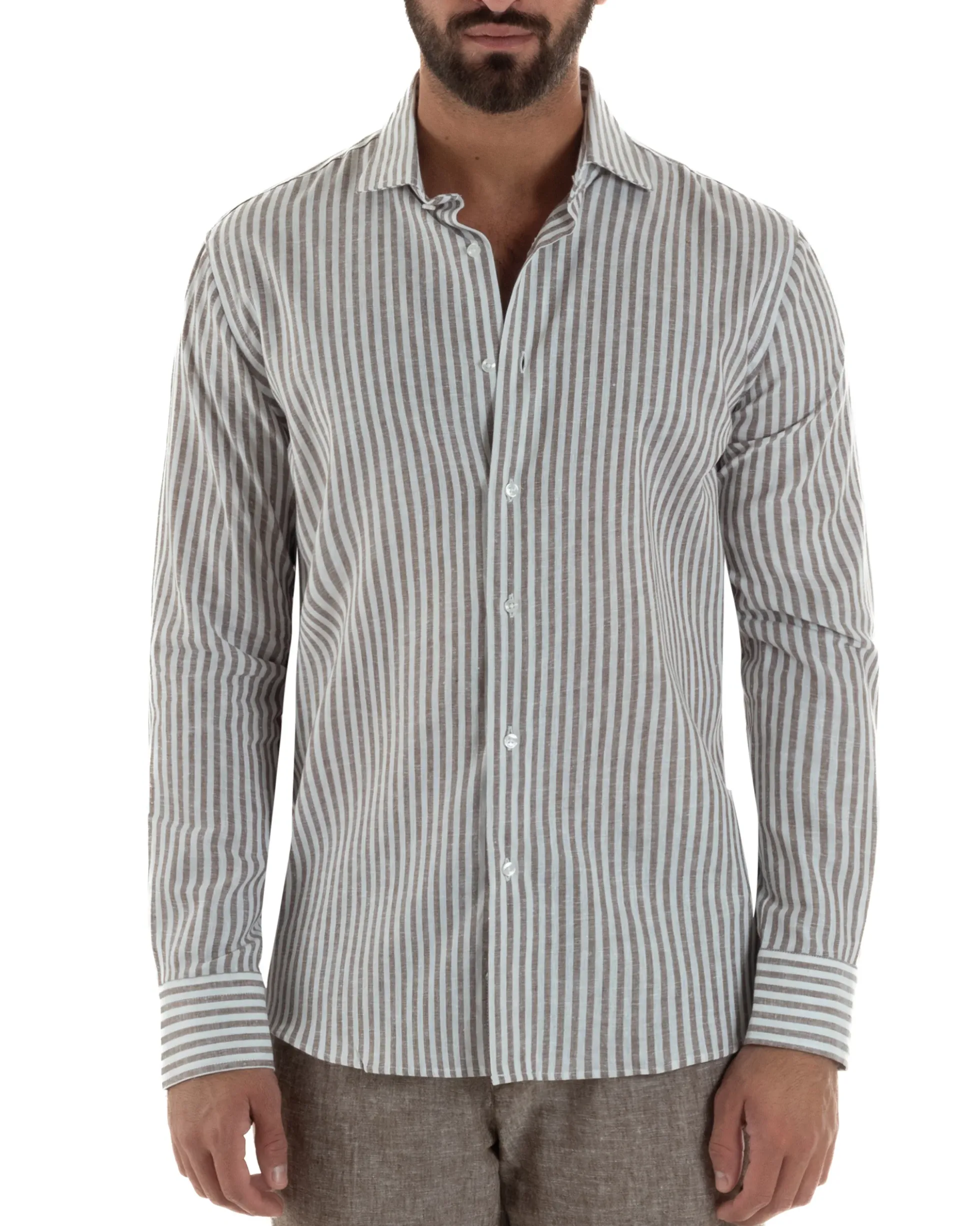 Camicia uomo collo francese sartoriale lino rigata stretta marrone GIOSAL-C3086A