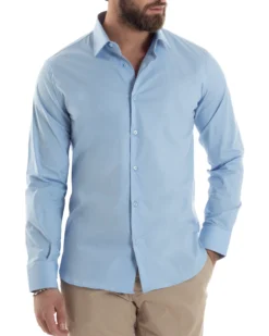 Camicia Uomo Con Colletto Francese Cotone Basic Sartoriale Slim Fit Celeste C2949A