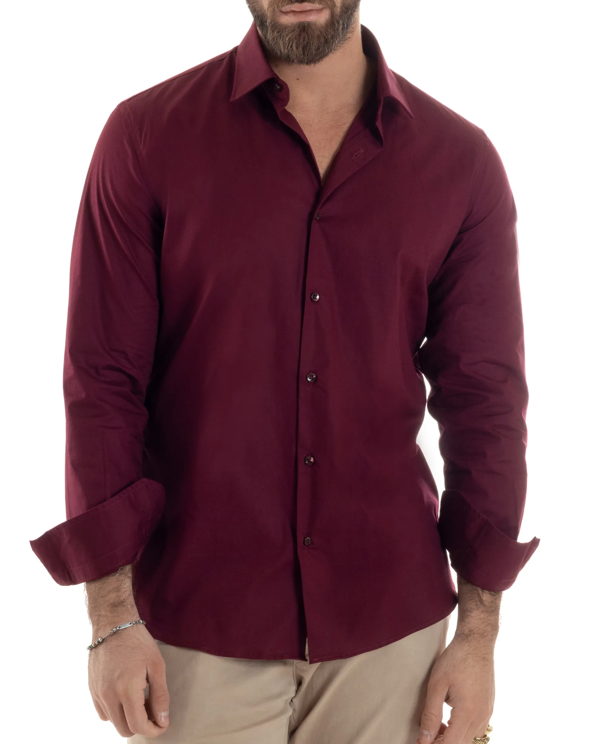 Camicia Uomo Con Colletto Francese Cotone Basic Sartoriale Slim Fit Bordeaux C2945A