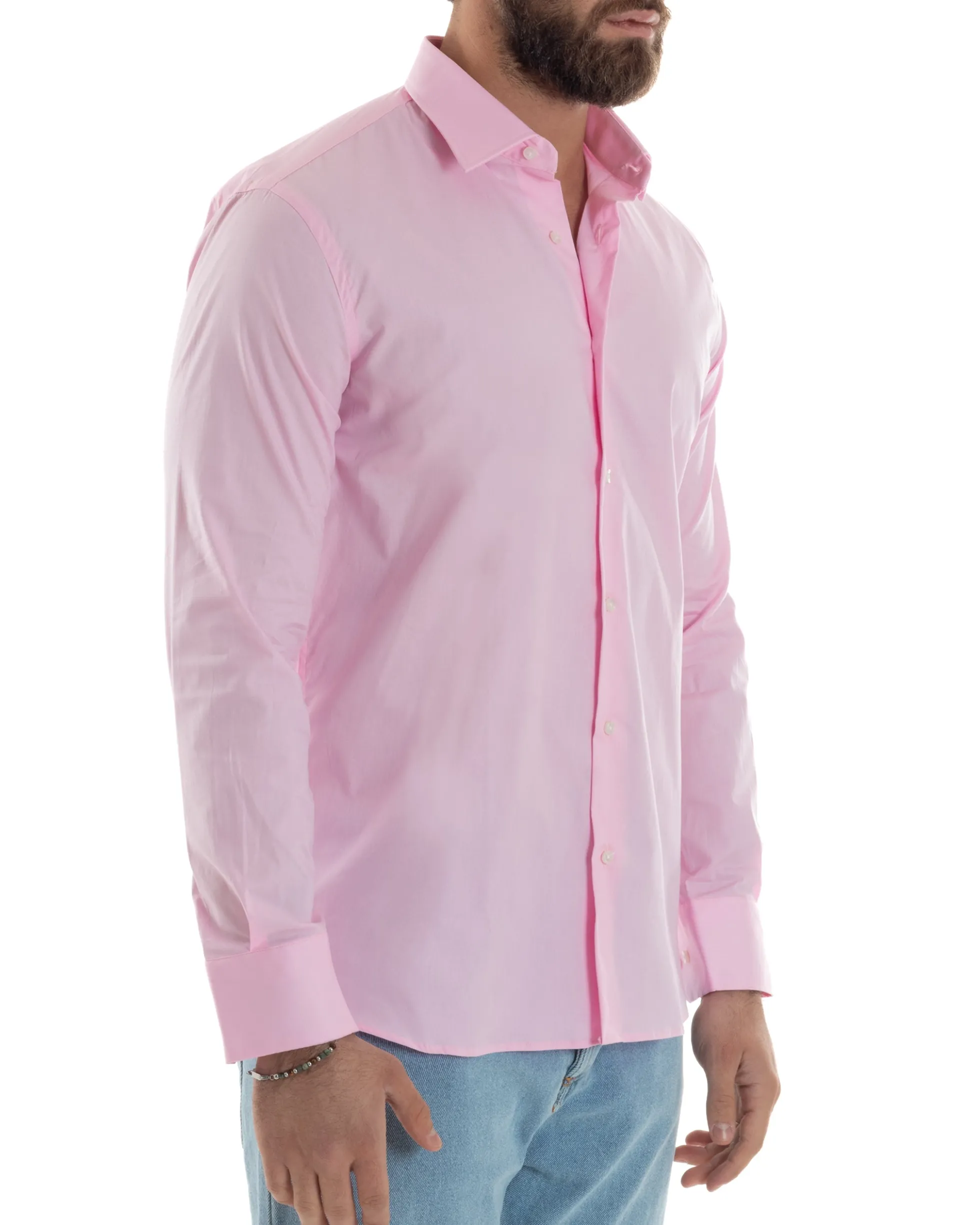 Camicia Uomo Con Colletto Francese Cotone Basic Sartoriale Slim Fit Rosa C2943A