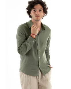 Camicia Uomo Con Colletto Slim Fit Lino Tinta Unita Maniche Lunghe Verde GIOSAL-C2897A