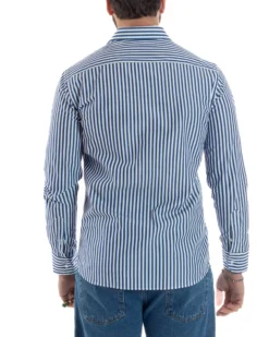 Camicia uomo cotone collo francese slim fit righe bastoncino medio blu GIOSAL-C2918A