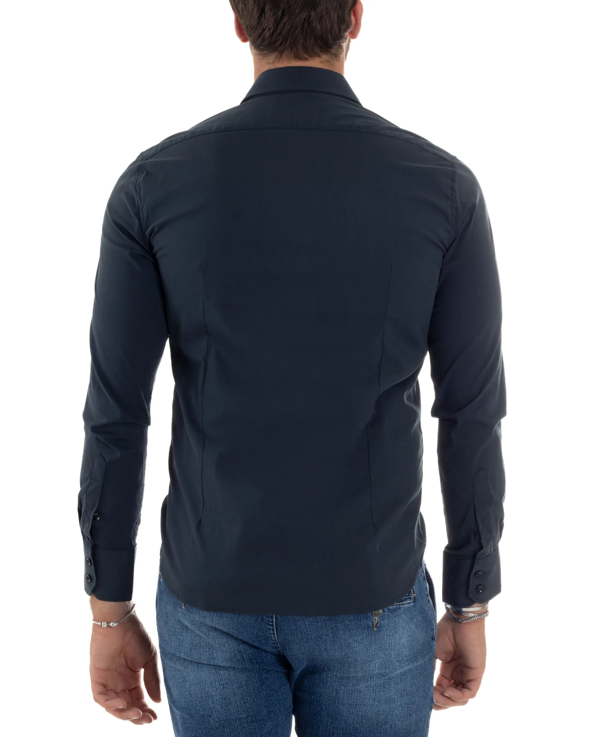 Camicia Uomo Cotone Collo Francese Basic Slim Fit Blu C2977A
