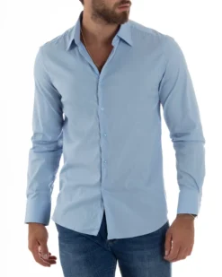 Camicia Uomo Cotone Collo Francese Basic Slim Fit Celeste C2978A
