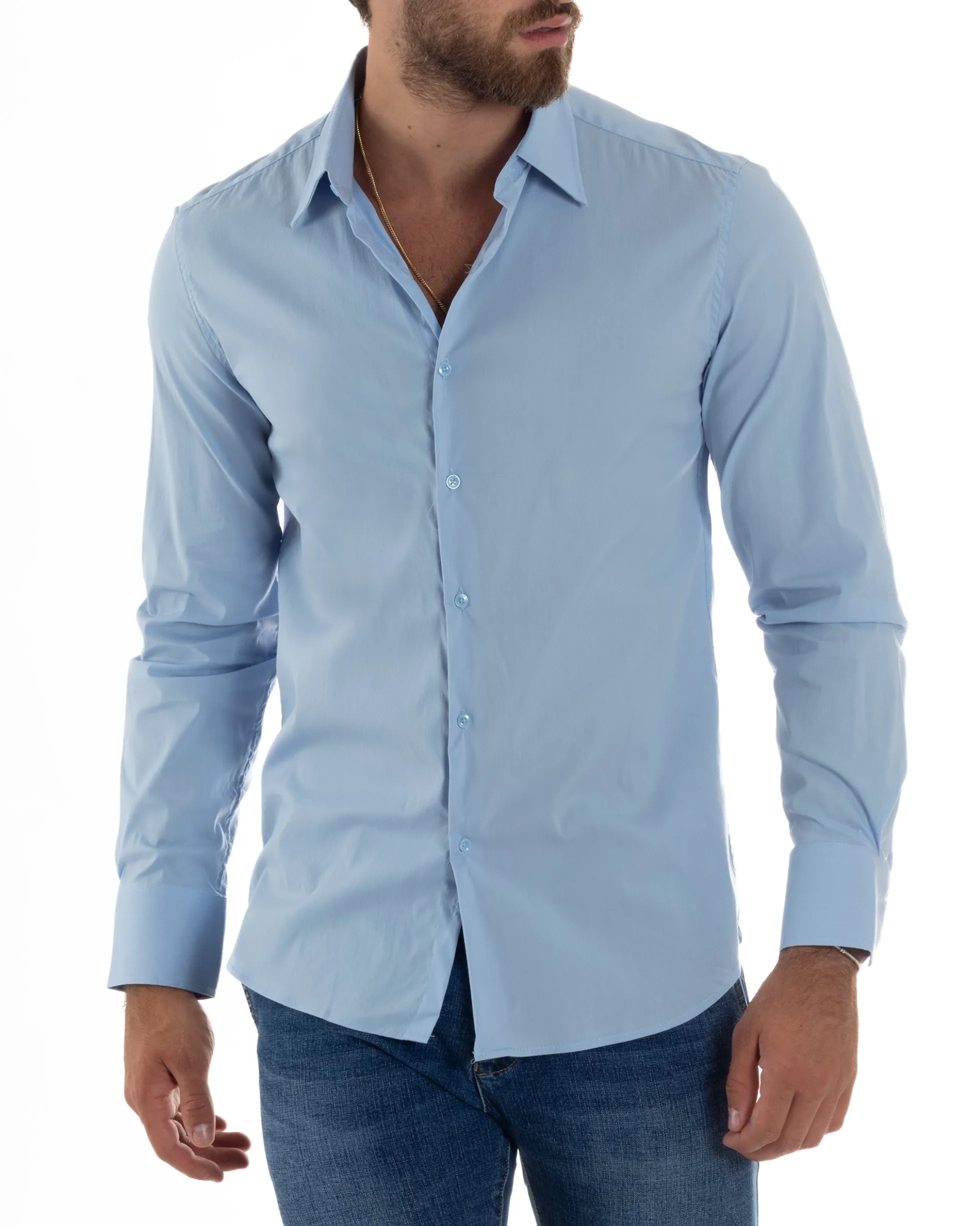 Camicia Uomo Cotone Collo Francese Basic Slim Fit Celeste C2978A