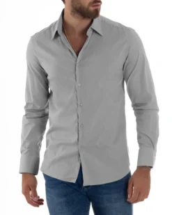 Camicia Uomo Cotone Collo Francese Basic Slim Fit Grigio C2981A