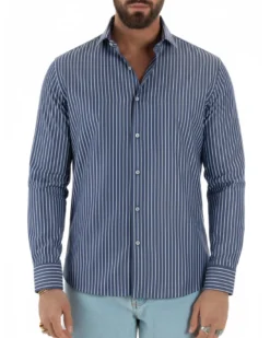Camicia uomo cotone collo francese slim fit righe bastoncino medio bicolore blu bianco GIOSAL-C3068A
