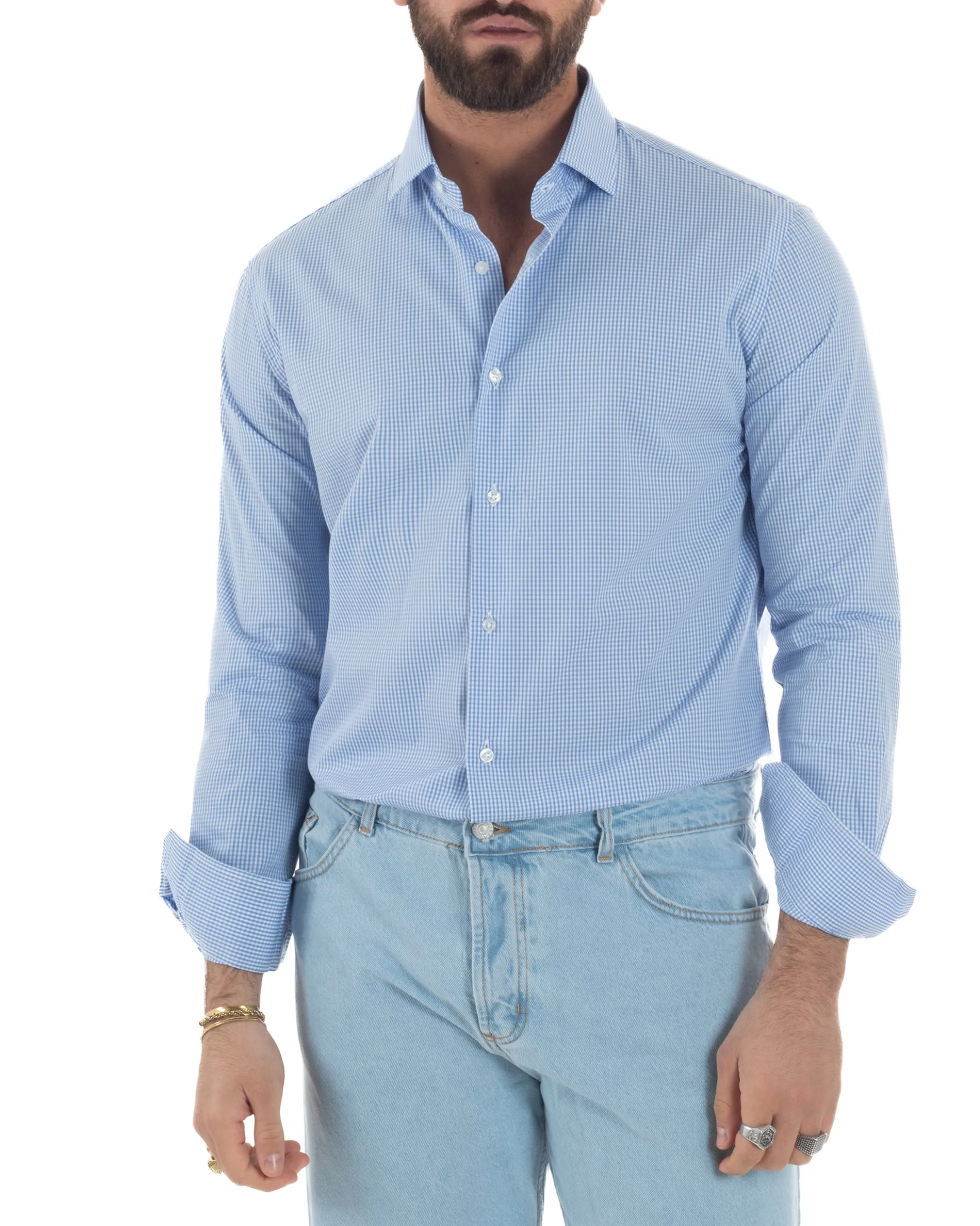 Camicia uomo cotone collo francese slim fit quadretti celeste GIOSAL-C3072A