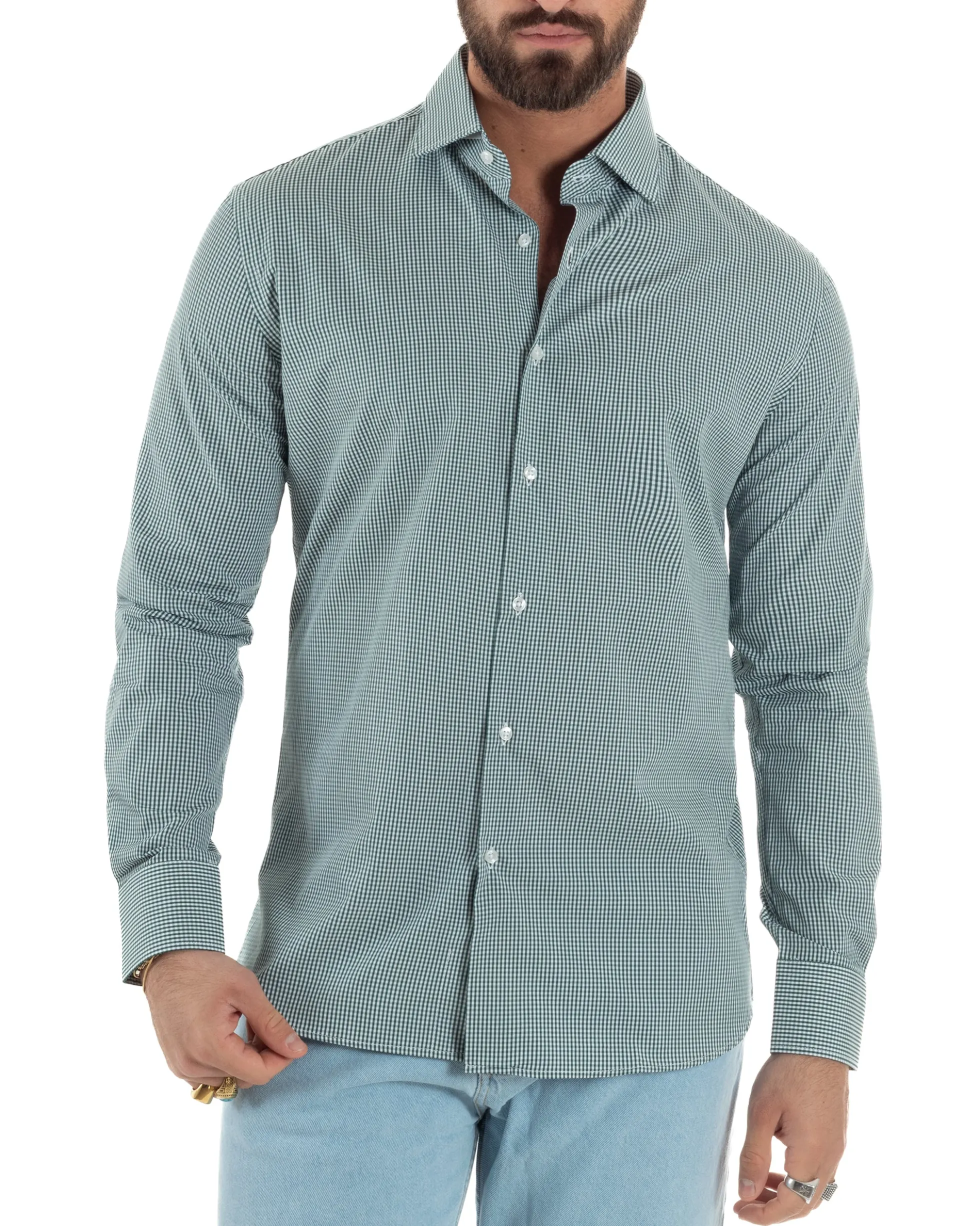 Camicia uomo cotone collo francese slim fit quadretti verde GIOSAL-C3071A