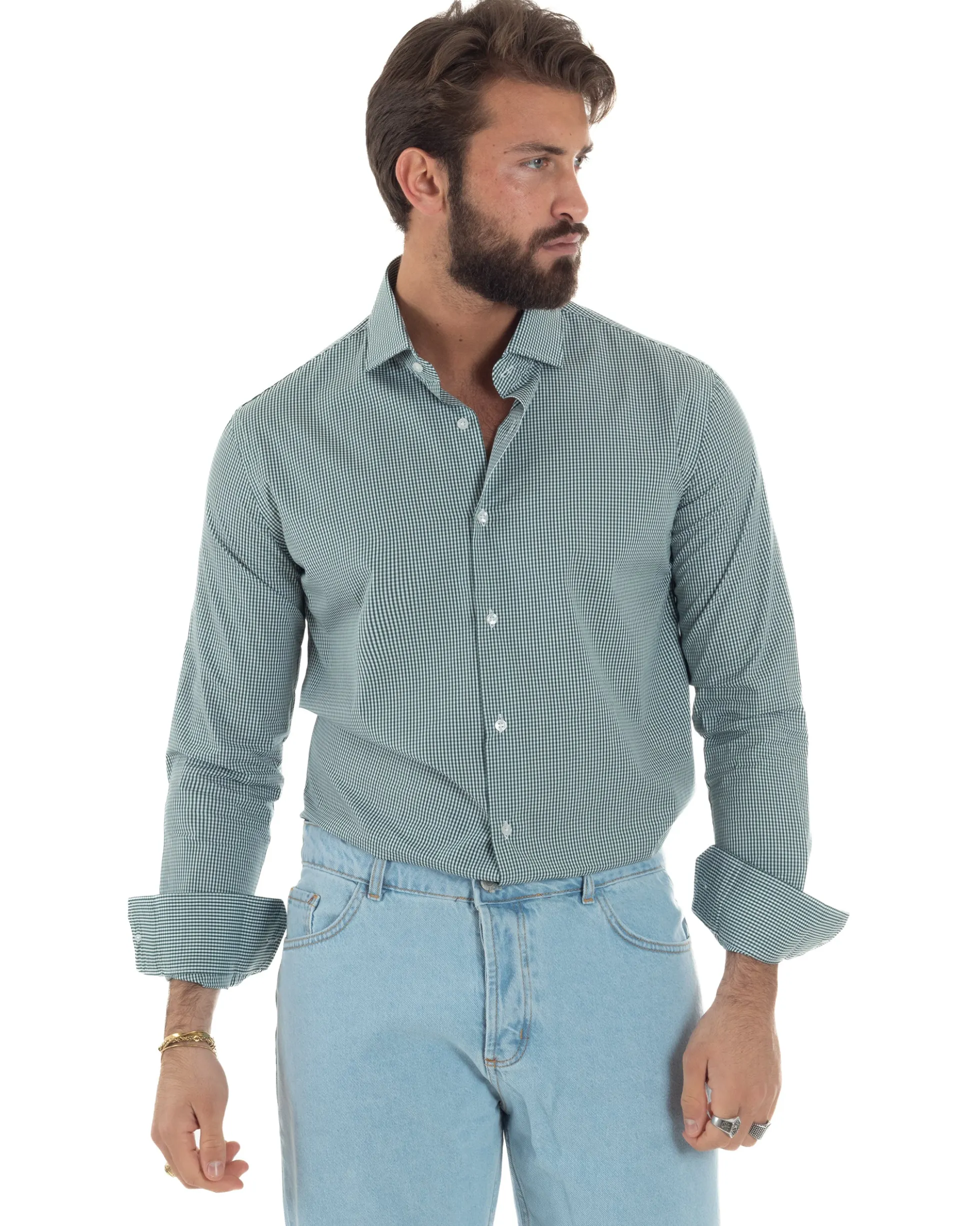 Camicia uomo cotone collo francese slim fit quadretti verde GIOSAL-C3071A