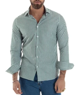 Camicia uomo cotone collo francese slim fit righe bastoncino medio verde GIOSAL-C2921A