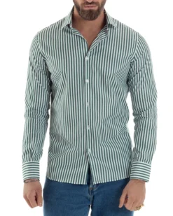 Camicia uomo cotone collo francese slim fit righe bastoncino medio verde GIOSAL-C2921A