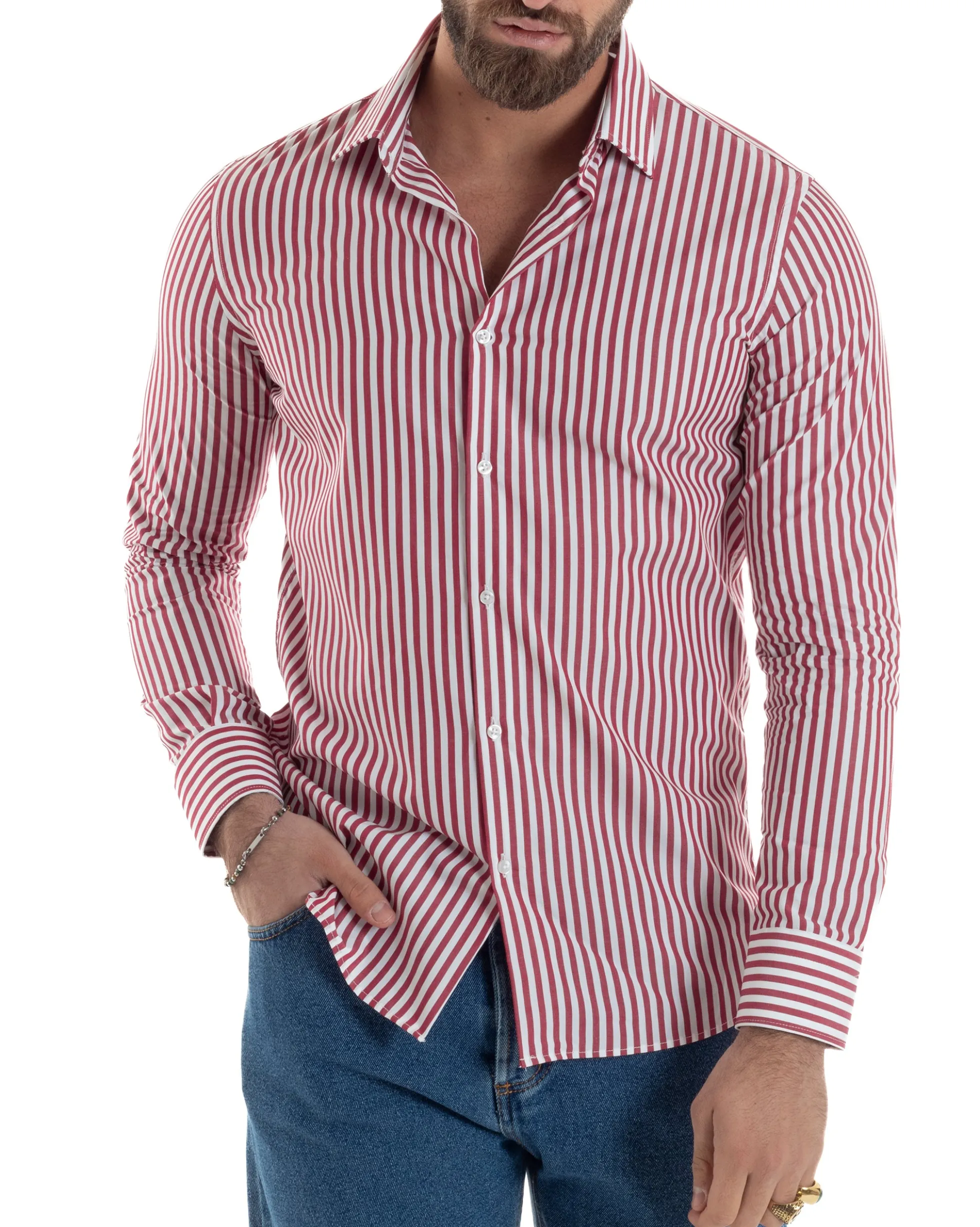 Camicia uomo cotone collo francese slim fit righe bastoncino medio rosso GIOSAL-C2917A