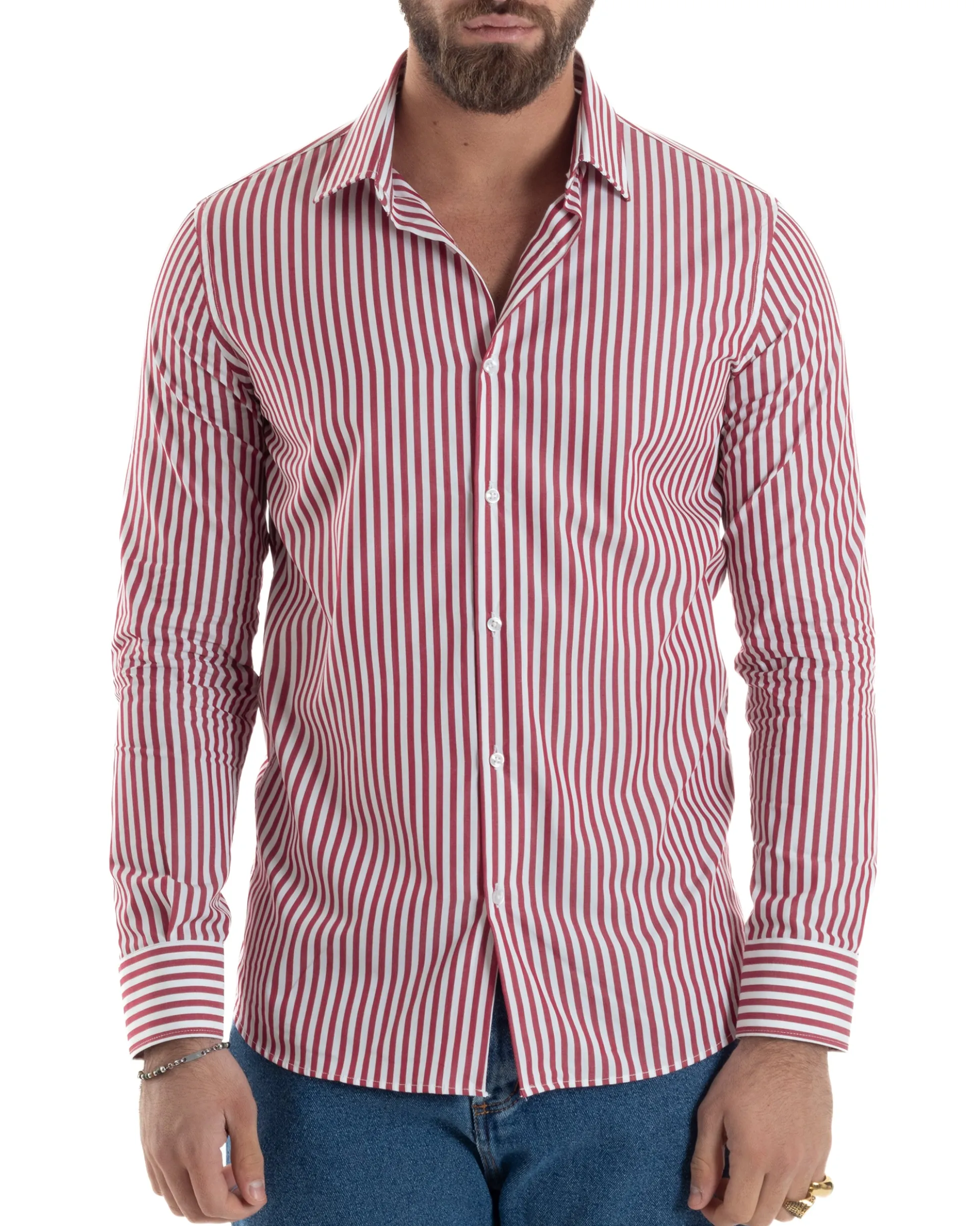Camicia uomo cotone collo francese slim fit righe bastoncino medio rosso GIOSAL-C2917A