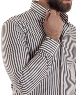 Camicia uomo cotone collo francese slim fit righe bastoncino medio marrone GIOSAL-C2920A