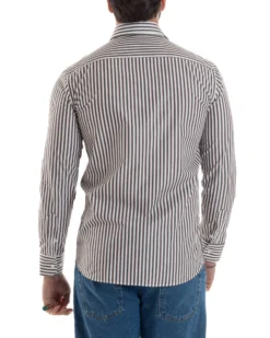 Camicia uomo cotone collo francese slim fit righe bastoncino medio marrone GIOSAL-C2920A