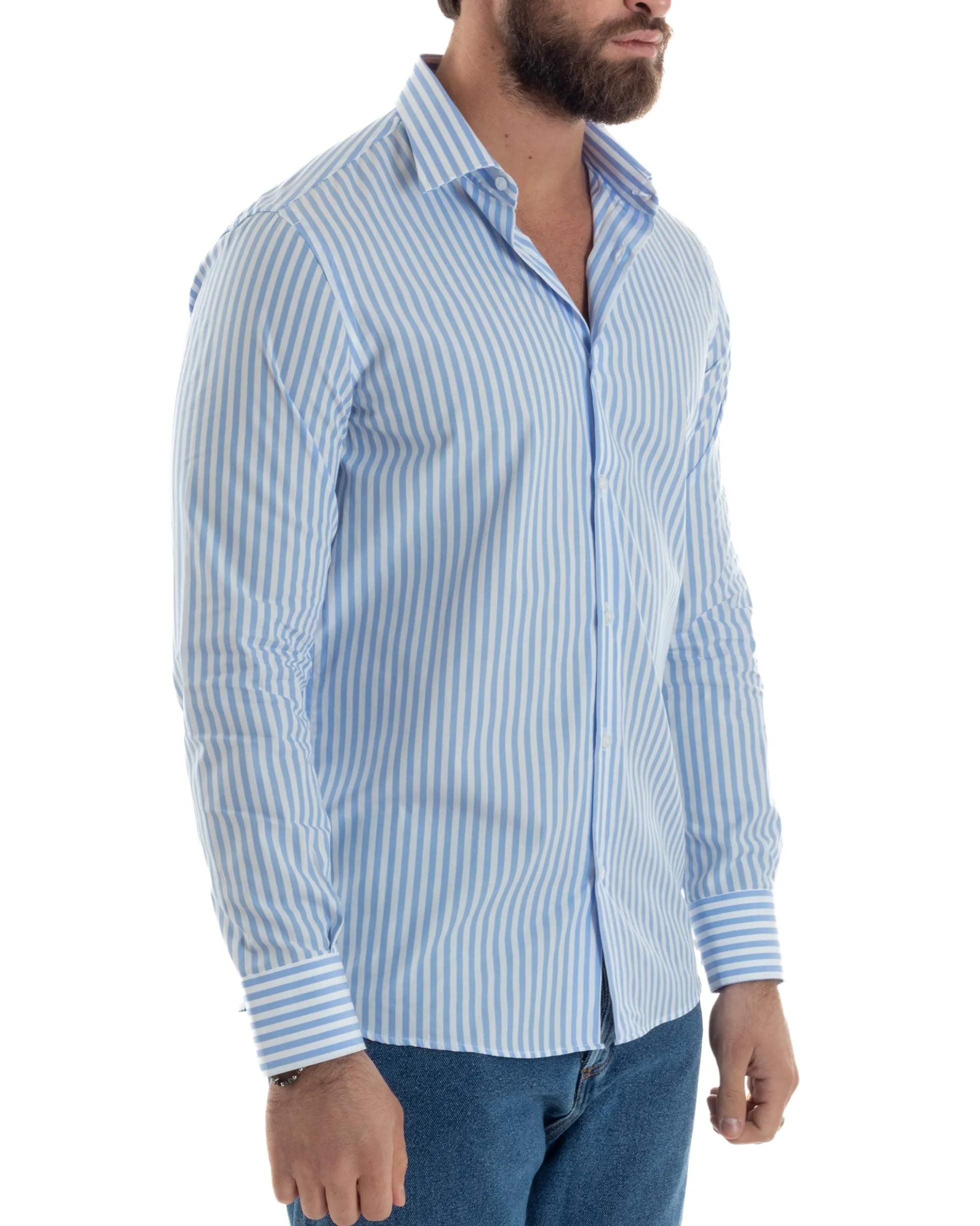 Camicia uomo cotone collo francese slim fit righe bastoncino medio celeste GIOSAL-C2919A