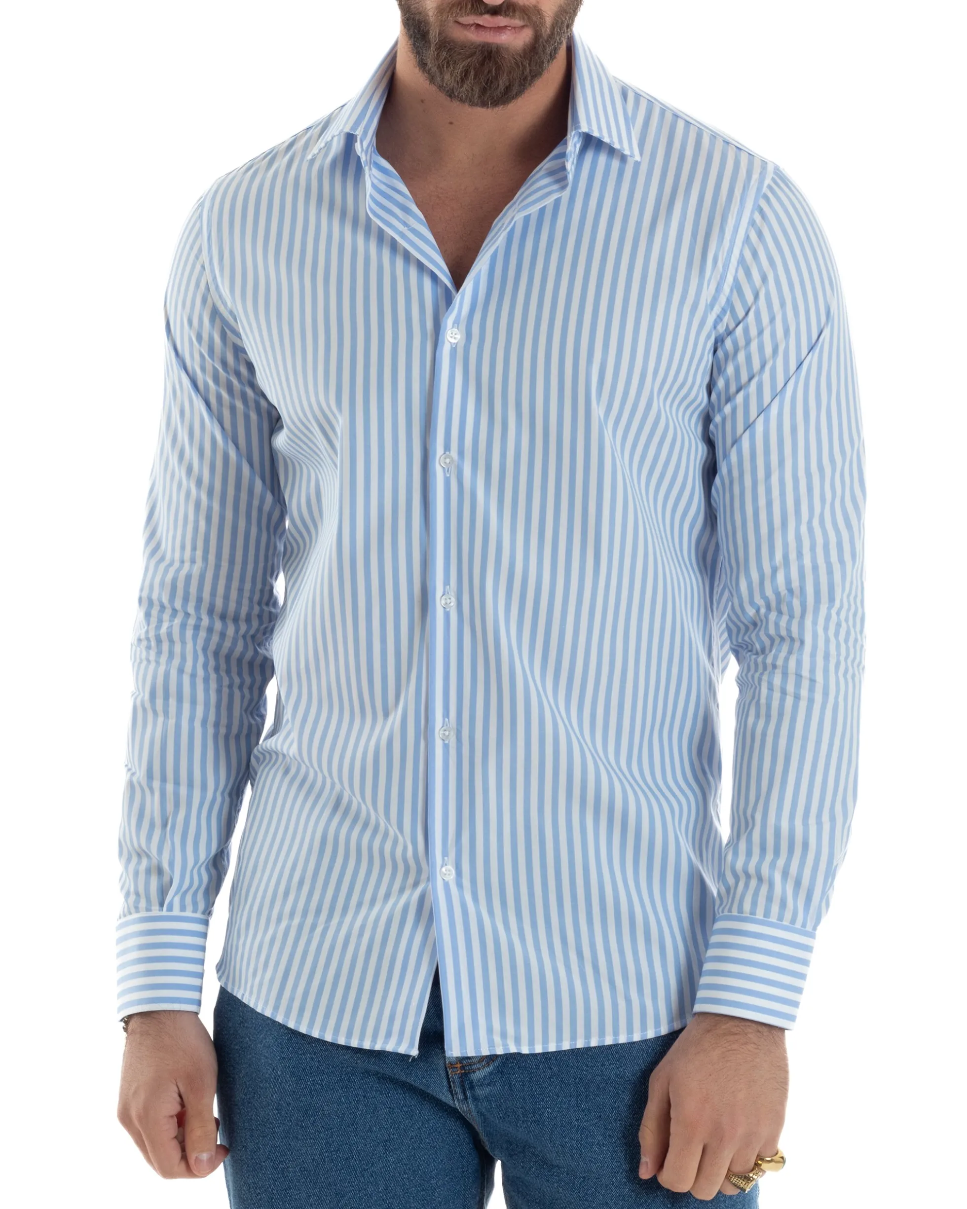 Camicia uomo cotone collo francese slim fit righe bastoncino medio celeste GIOSAL-C2919A