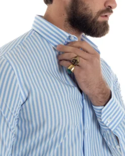 Camicia uomo cotone collo francese slim fit righe bastoncino medio celeste GIOSAL-C2919A