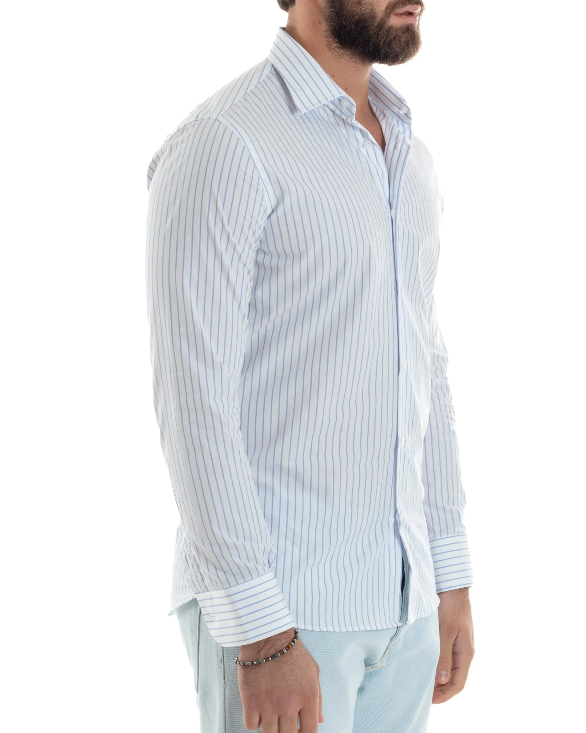 Camicia uomo cotone collo francese slim fit rigata sottile celeste GIOSAL-C2916A