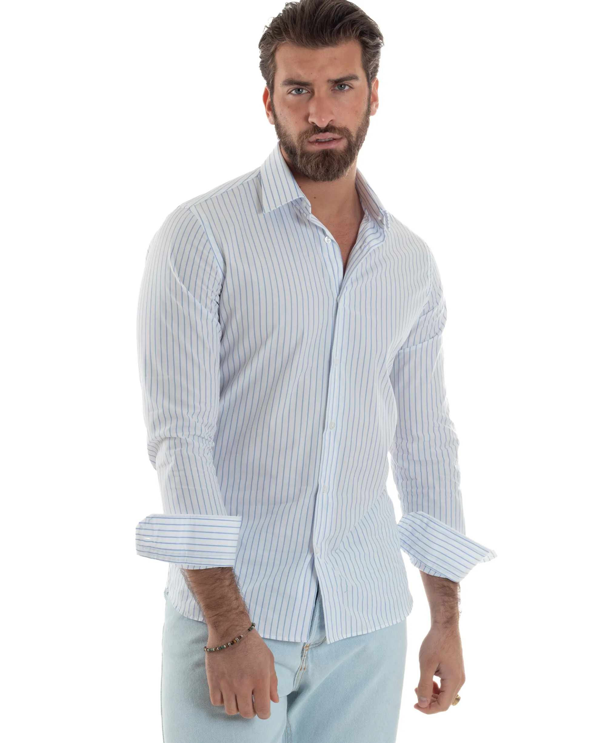 Camicia uomo cotone collo francese slim fit rigata sottile celeste GIOSAL-C2916A