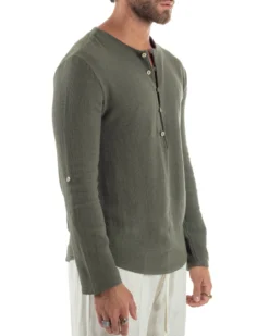 Camicia Uomo Cotone Collo Serafino Scollo Rotondo Bottoncini Verde GIOSAL-C2974A