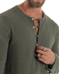 Camicia Uomo Cotone Collo Serafino Scollo Rotondo Bottoncini Verde GIOSAL-C2974A