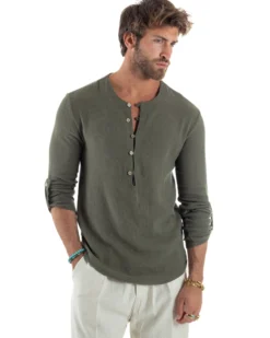 Camicia Uomo Cotone Collo Serafino Scollo Rotondo Bottoncini Verde GIOSAL-C2974A