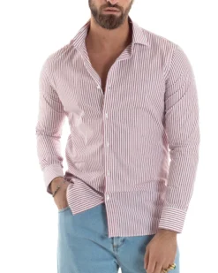 Camicia uomo cotone slim fit collo francese righe bastoncino sottile rosso GIOSAL-C2913A