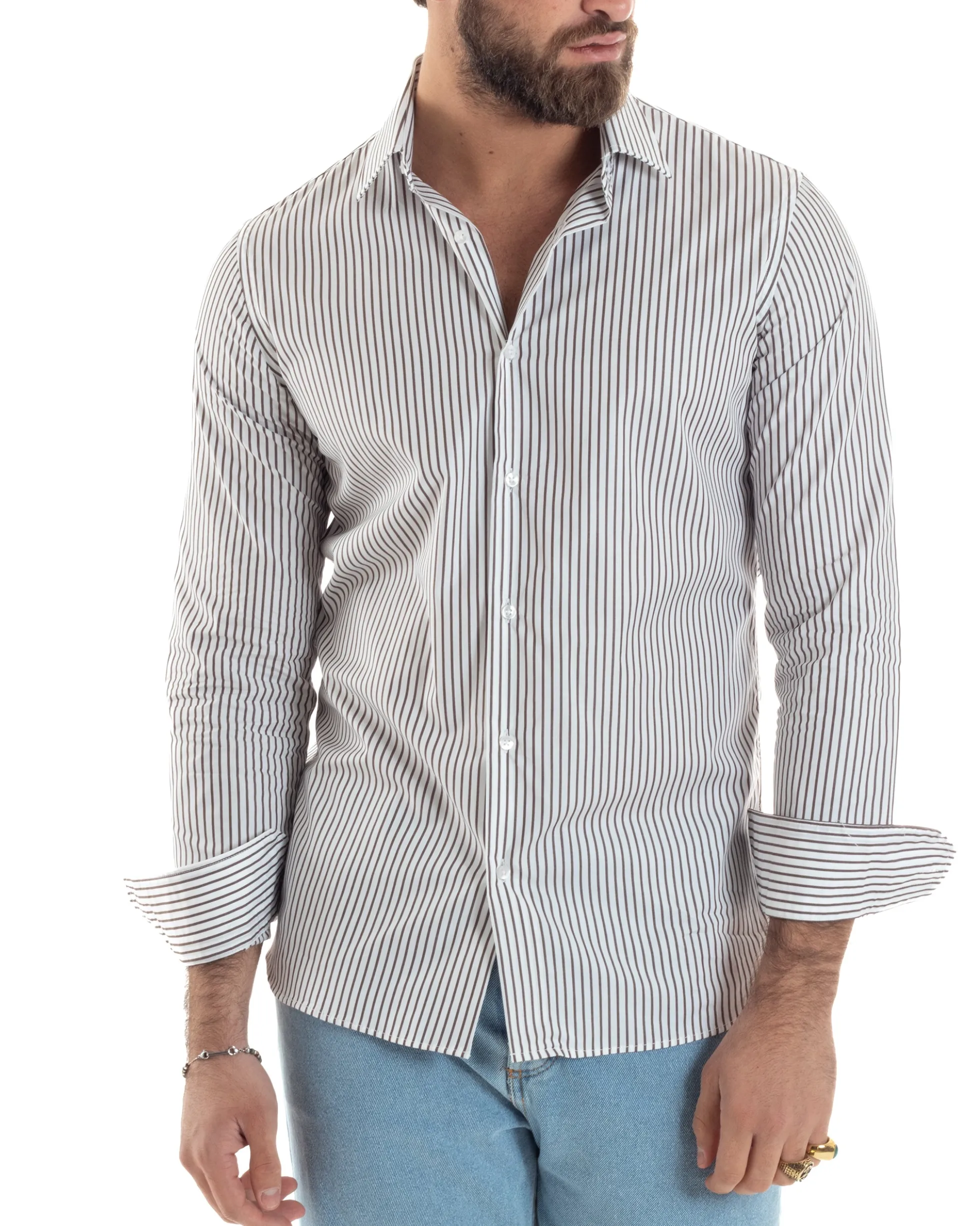 Camicia uomo cotone slim fit collo francese righe bastoncino sottile marrone GIOSAL-C2914A