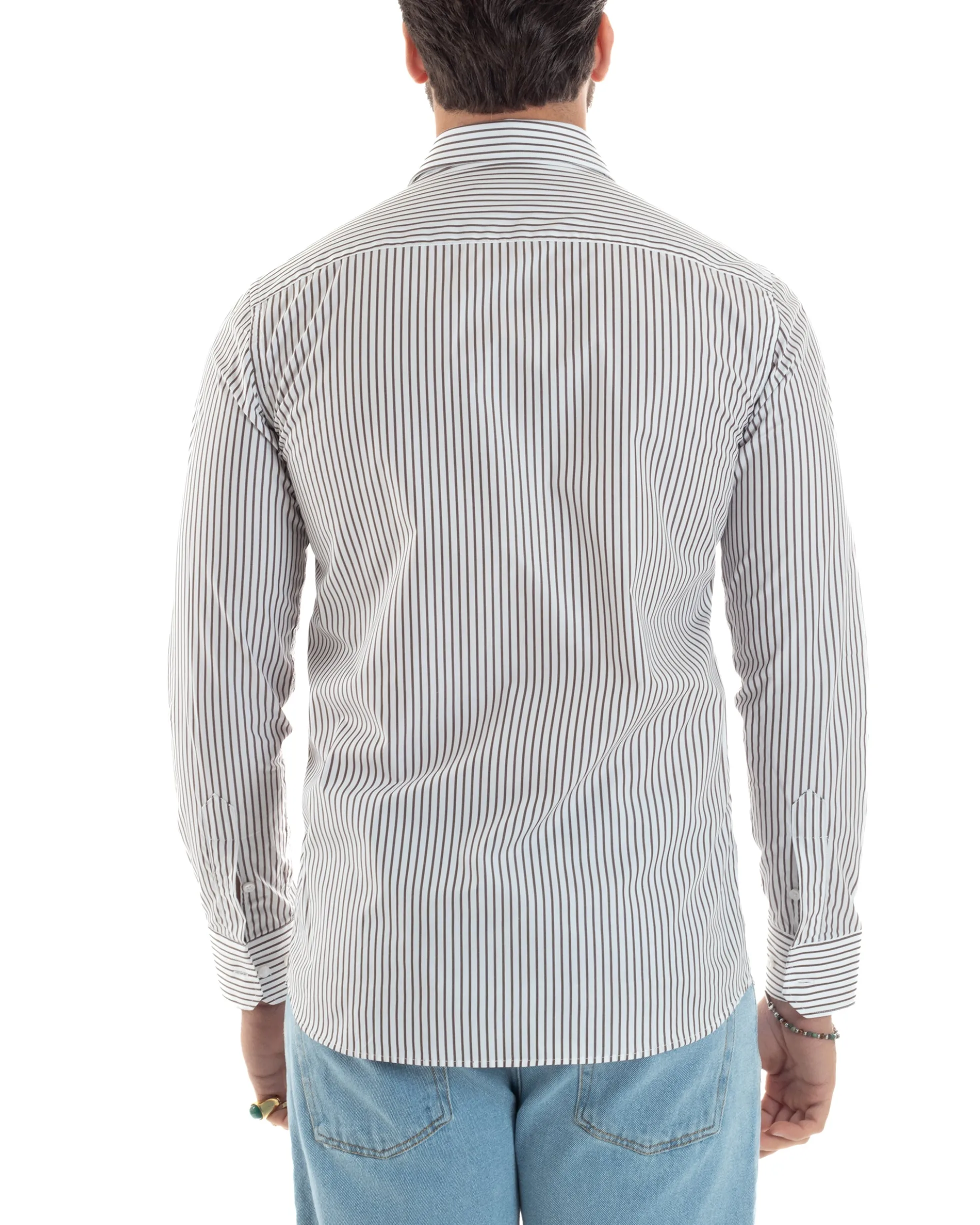 Camicia uomo cotone slim fit collo francese righe bastoncino sottile marrone GIOSAL-C2914A