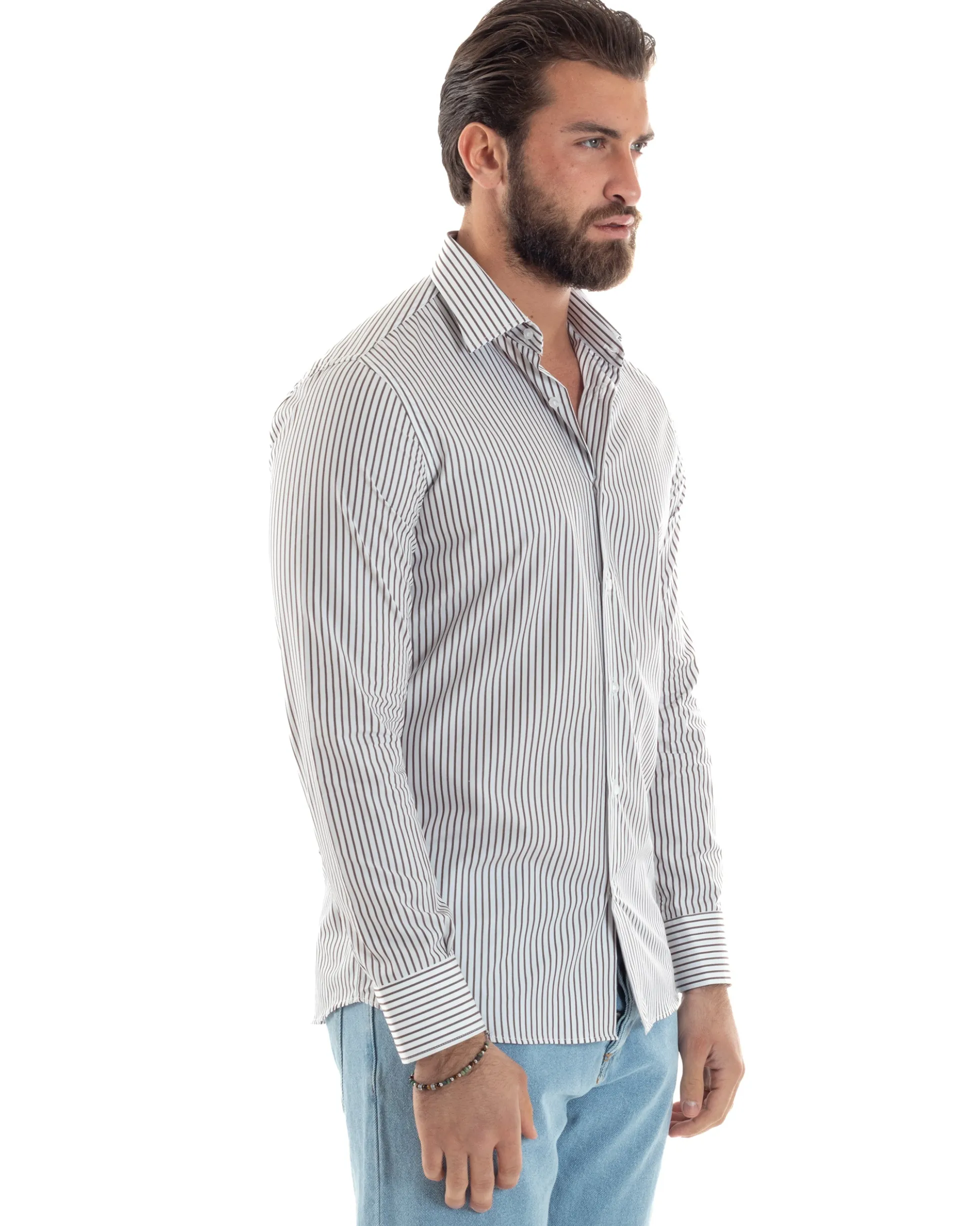 Camicia uomo cotone slim fit collo francese righe bastoncino sottile marrone GIOSAL-C2914A