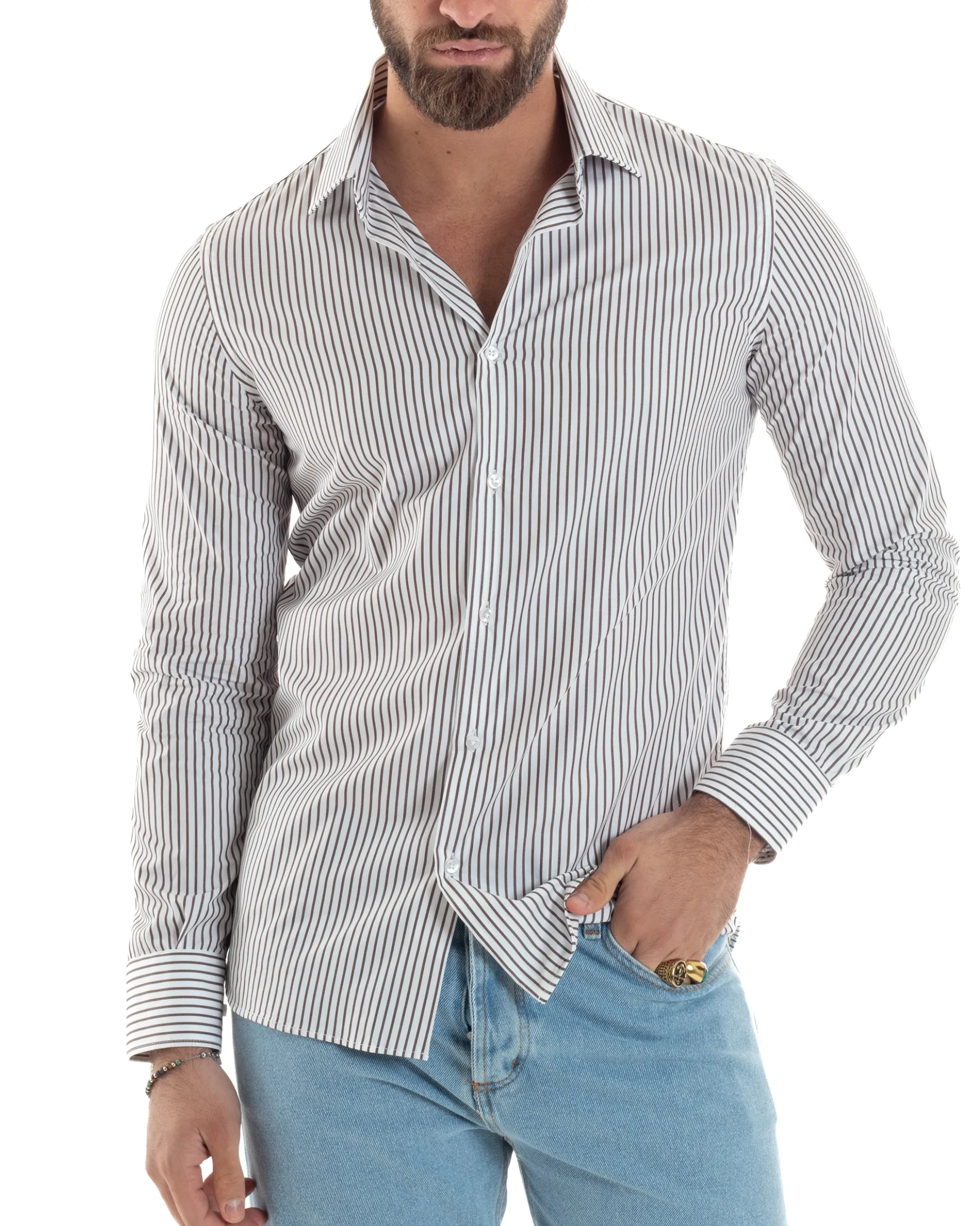 Camicia uomo cotone slim fit collo francese righe bastoncino sottile marrone GIOSAL-C2914A