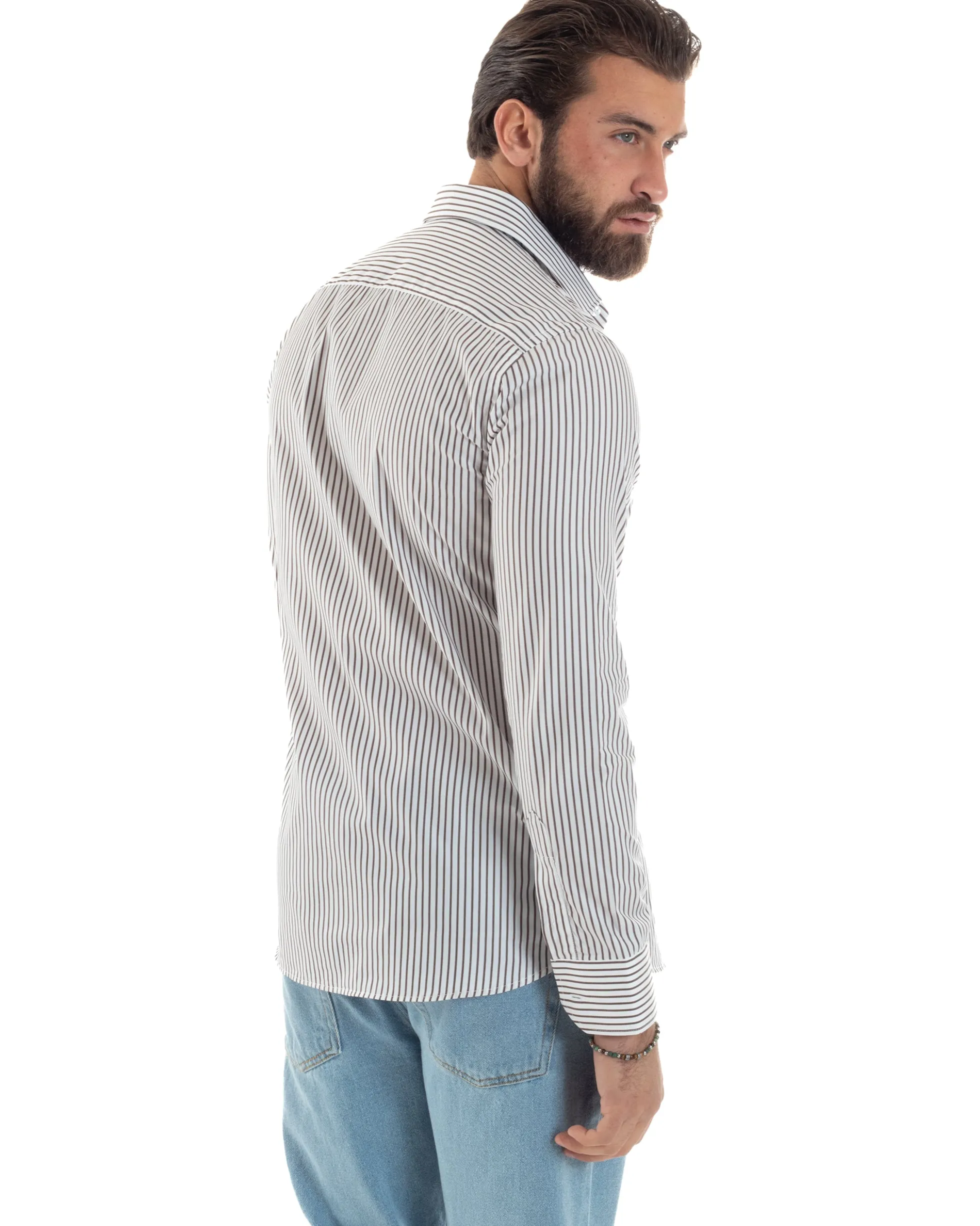 Camicia uomo cotone slim fit collo francese righe bastoncino sottile marrone GIOSAL-C2914A