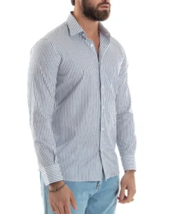 Camicia uomo cotone slim fit collo francese righe bastoncino sottile blu GIOSAL-C2912A