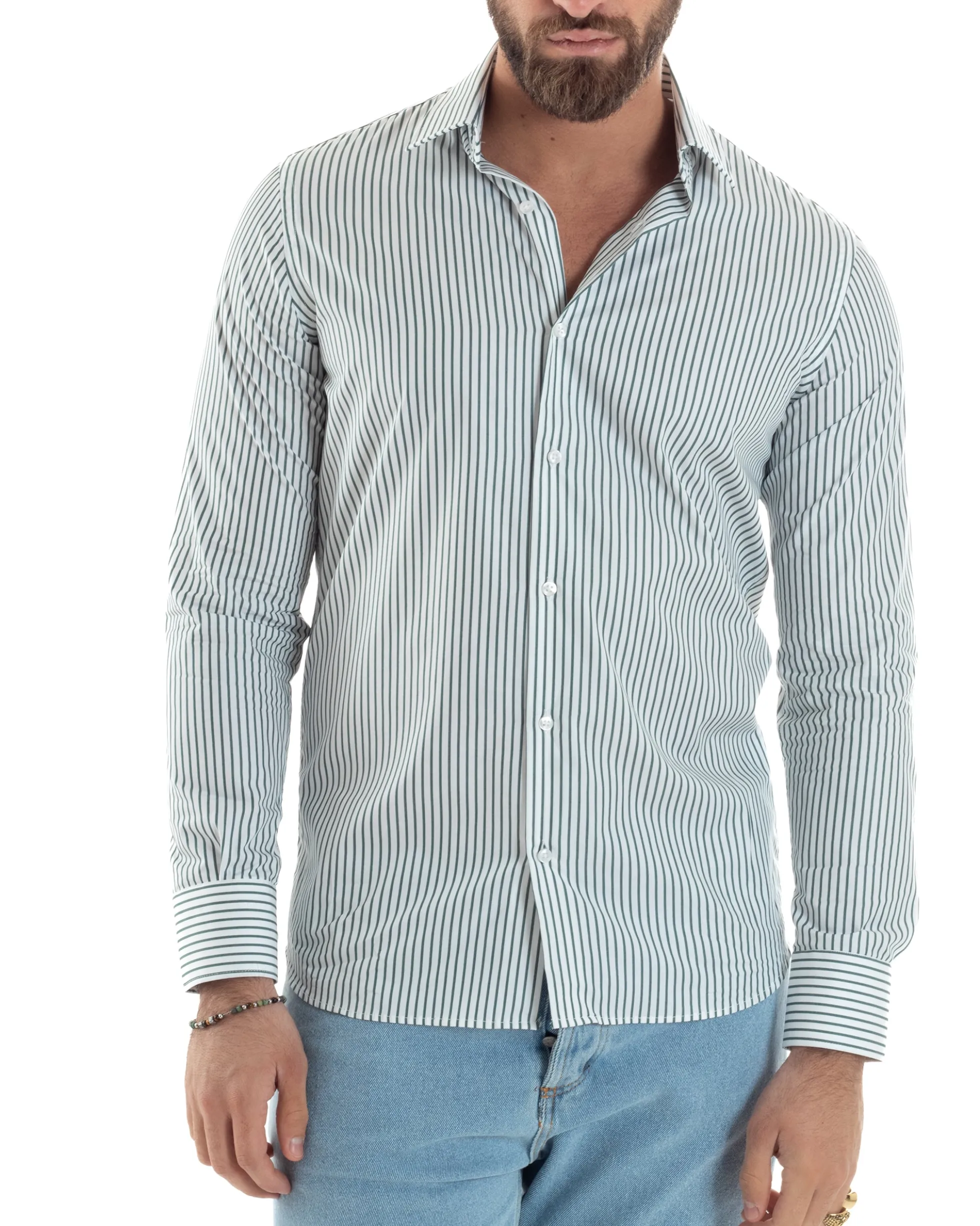 Camicia uomo cotone slim fit collo francese righe bastoncino sottile verde GIOSAL-C2911A