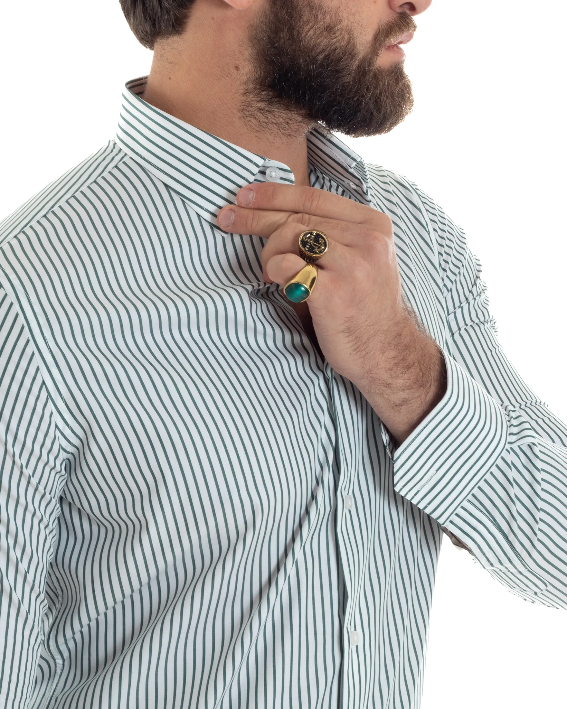 Camicia uomo cotone slim fit collo francese righe bastoncino sottile verde GIOSAL-C2911A