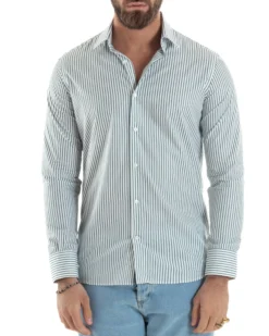 Camicia uomo cotone slim fit collo francese righe bastoncino sottile verde GIOSAL-C2911A