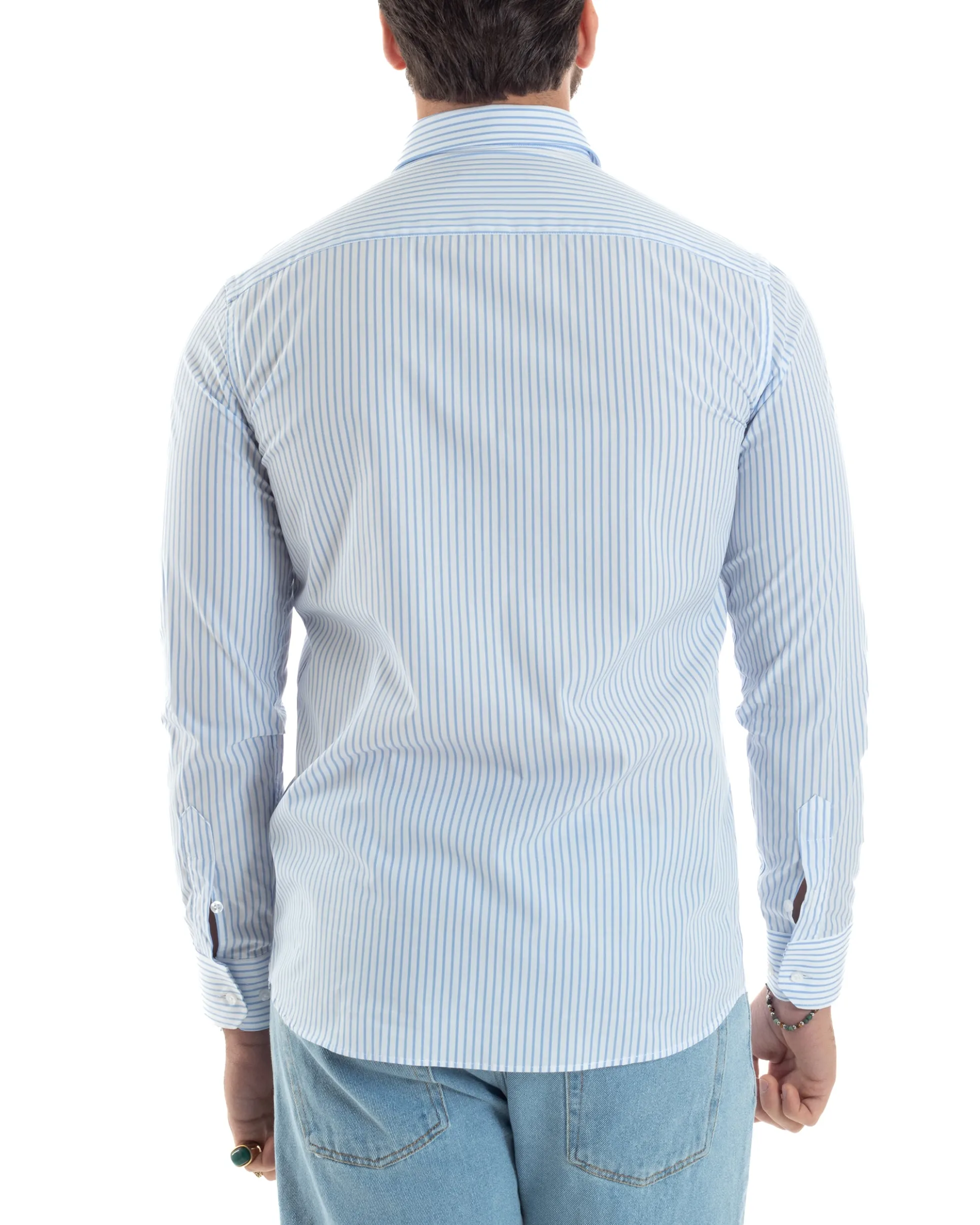 Camicia uomo cotone slim fit collo francese righe bastoncino sottile celeste GIOSAL-C2910A
