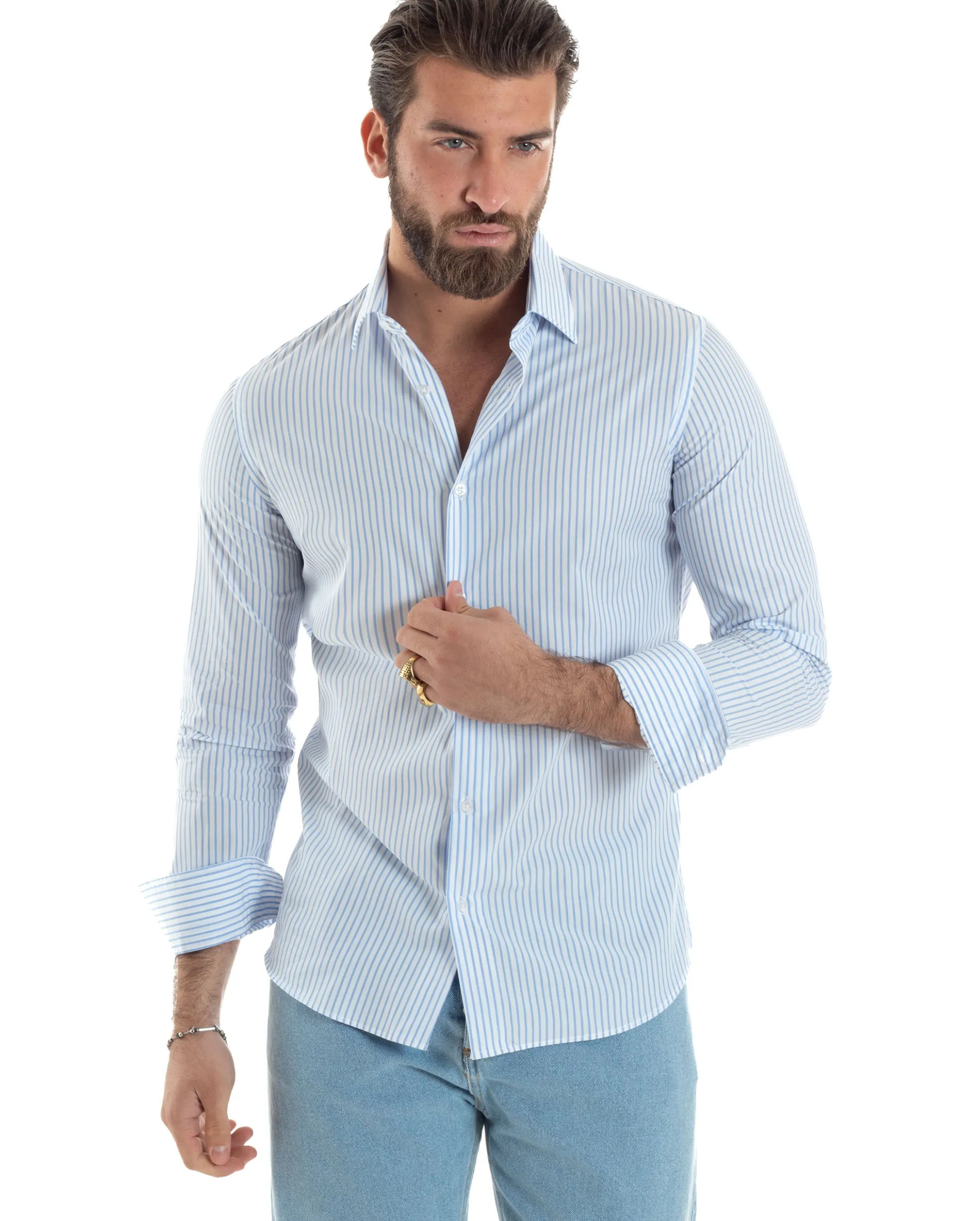 Camicia uomo cotone slim fit collo francese righe bastoncino sottile celeste GIOSAL-C2910A