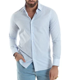Camicia uomo cotone slim fit collo francese righe bastoncino sottile celeste GIOSAL-C2910A
