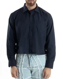 Camicia Uomo Cropped Maniche Lunghe Taschino Boxy Fit Blu C2825A