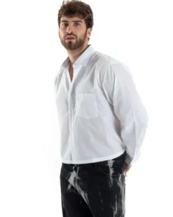 Camicia Uomo Cropped Maniche Lunghe Taschino Boxy Fit Bianco C2822A