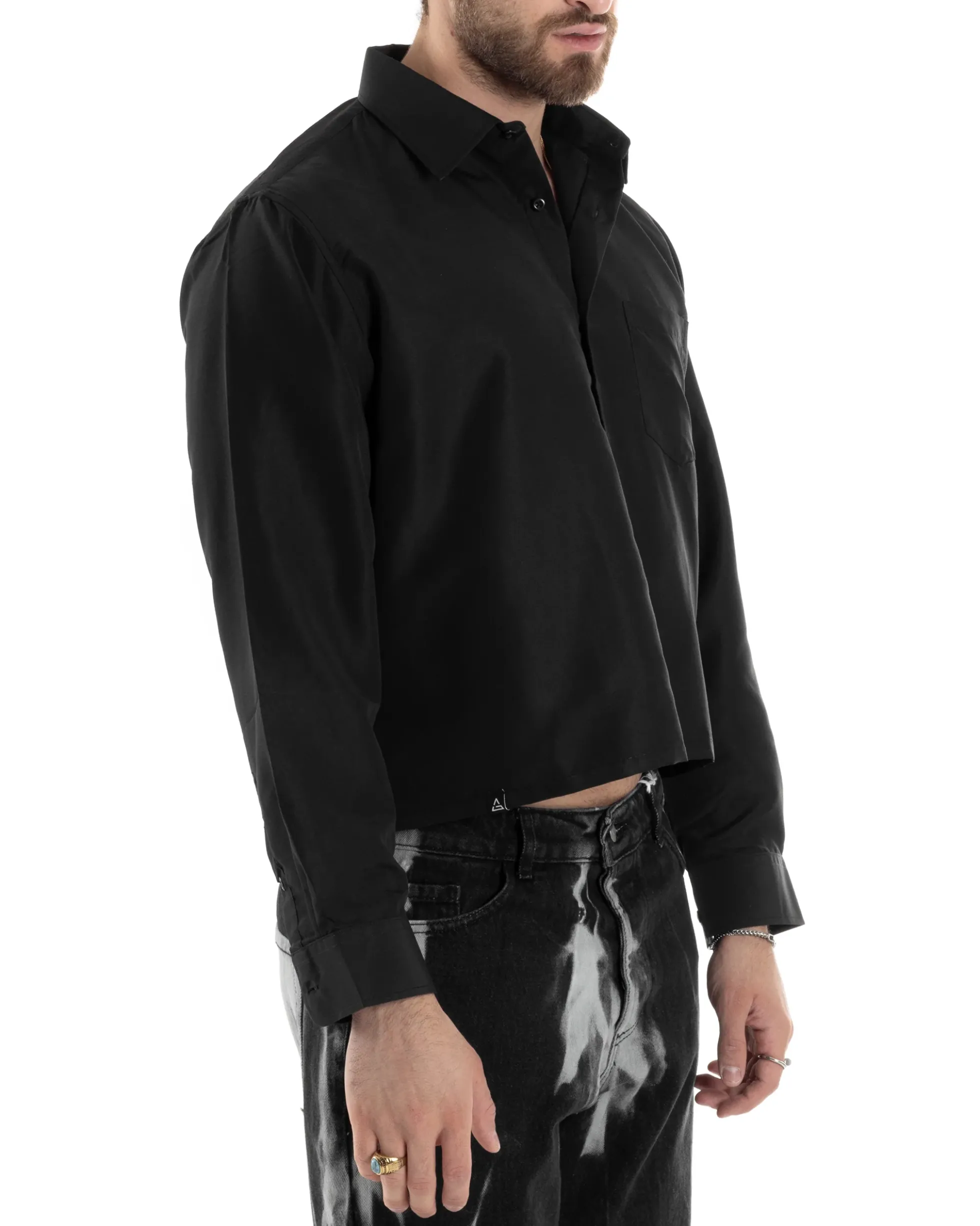 Camicia Uomo Cropped Maniche Lunghe Taschino Boxy Fit Nero C2823A