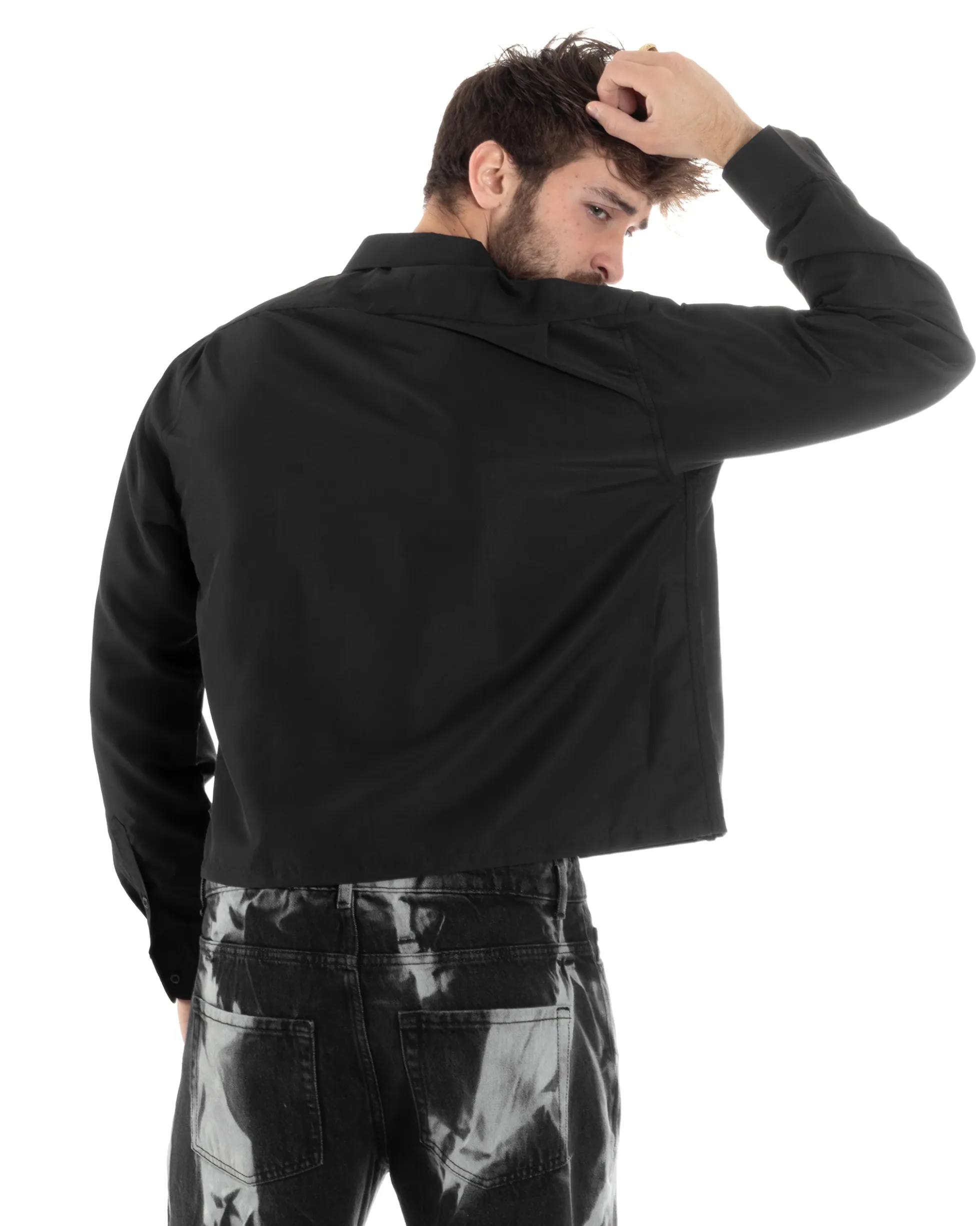 Camicia Uomo Cropped Maniche Lunghe Taschino Boxy Fit Nero C2823A