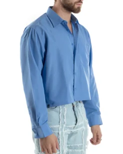Camicia Uomo Cropped Maniche Lunghe Taschino Boxy Fit Azzurro C2824A