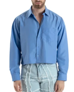 Camicia Uomo Cropped Maniche Lunghe Taschino Boxy Fit Azzurro C2824A