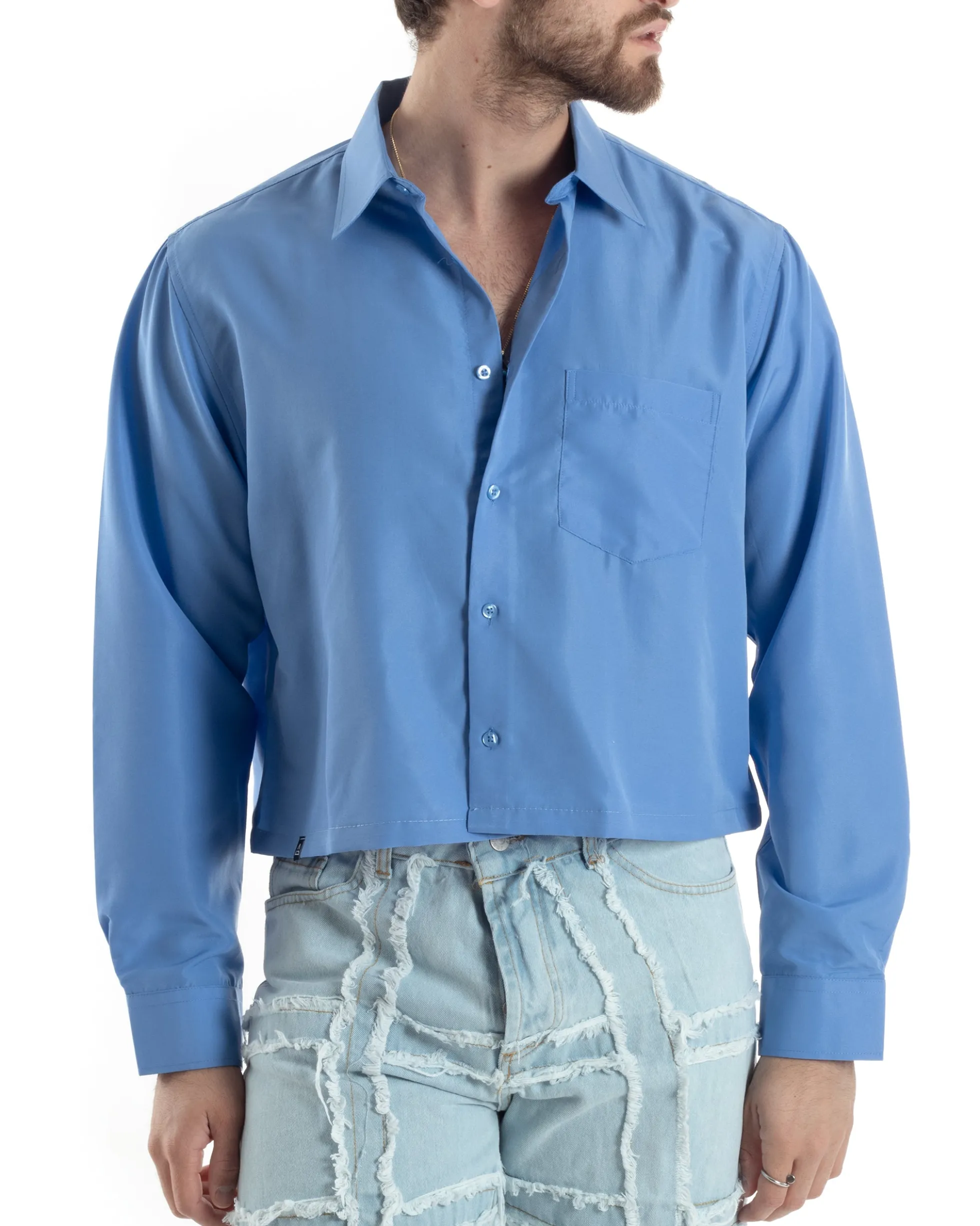 Camicia Uomo Cropped Maniche Lunghe Taschino Boxy Fit Azzurro C2824A