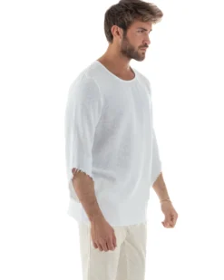 Camicia Uomo In Lino Cotone Casacca Scollata Sfrangiata Morbida Leggera Maniche Tre Quarti Tinta Unita Basic Bianco GIOSAL-C2956A